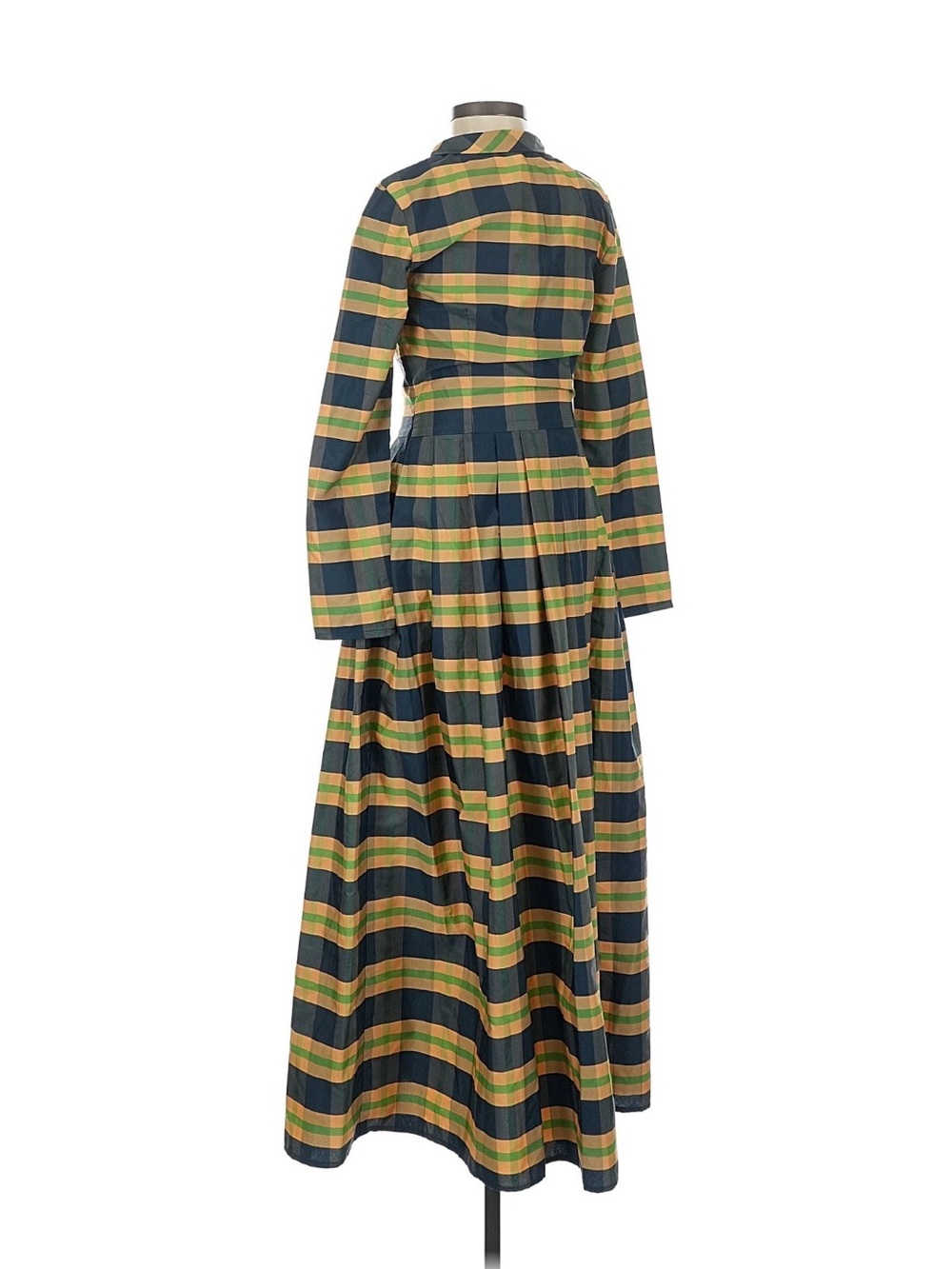 Vintage-Inspired Green and Yellow Plaid Long Sleeve Maxi Dress - Picture 2 of 3